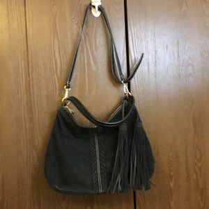 W J DESIGN BRASILEIRO LARGE BLACK LEATHER HANDBAG TASSELS METAL ZIPPER - #172